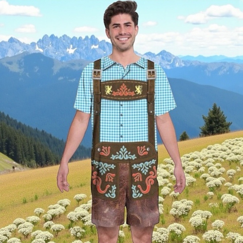 Oktoberfest Lederhosen Romper by Faux Real Shirts — Size L — NWOT